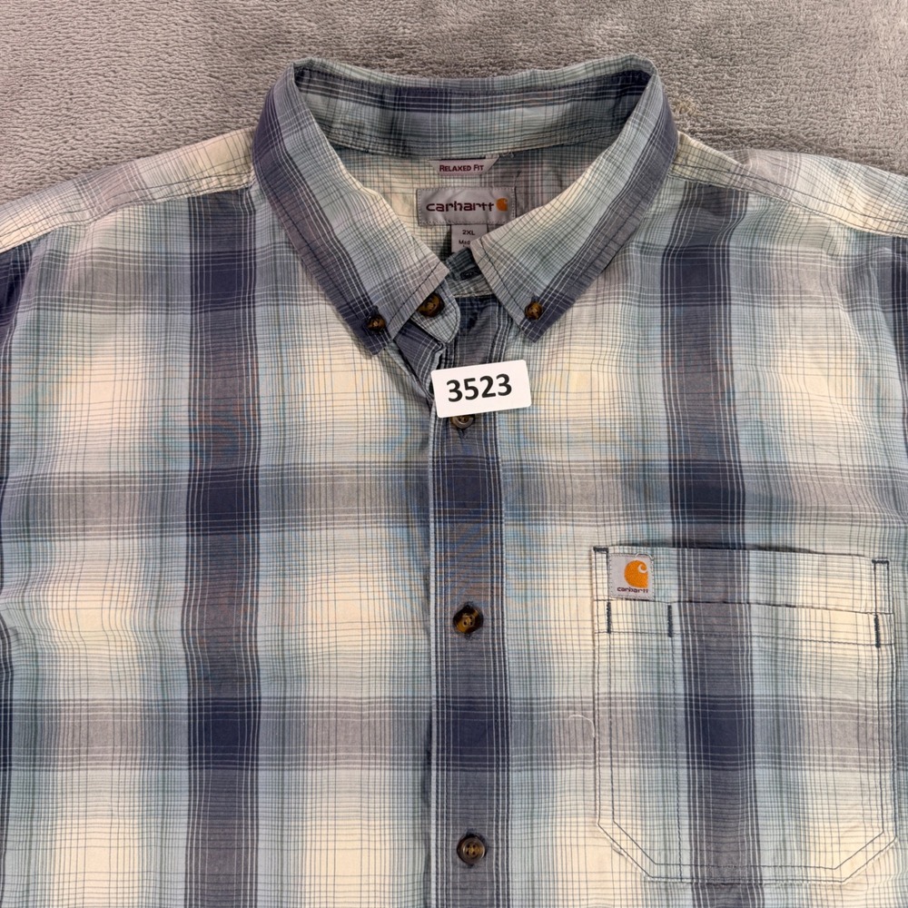 Carhartt Button Down Shirt Mens 2XL Blue Plaid Relaxed Fit Short Sleeve 104174